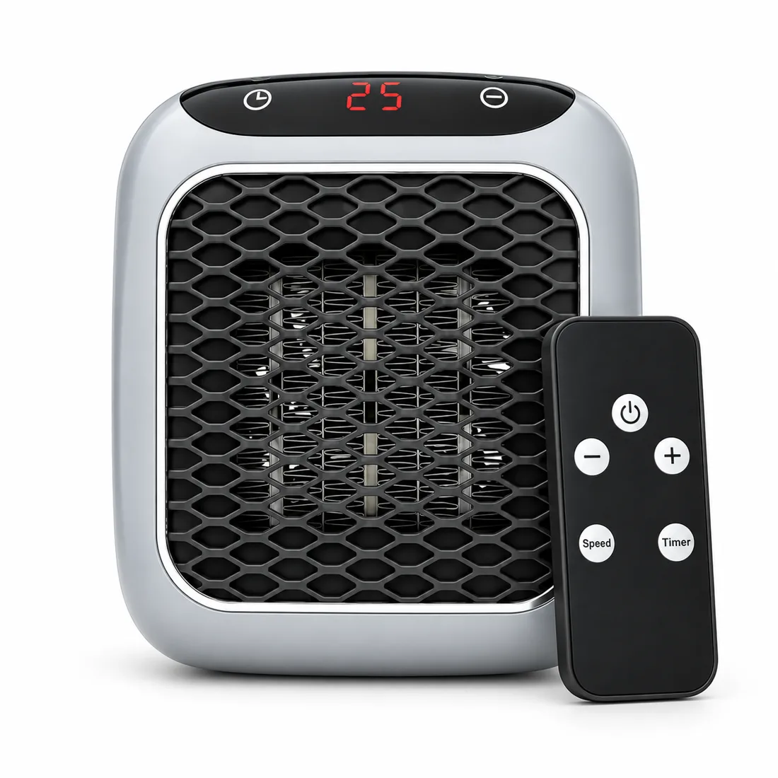 RapidHeat plug-in heater, front view with its digital display and the supplied remote control