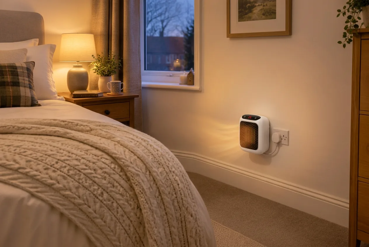 Warm bedroom in the evening with a RapidHeat plug-in heater in a clear wall socket