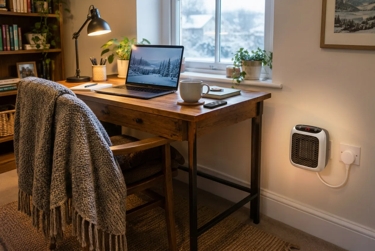 Cosy home office in winter with a RapidHeat plug-in heater in the wall socket by the desk