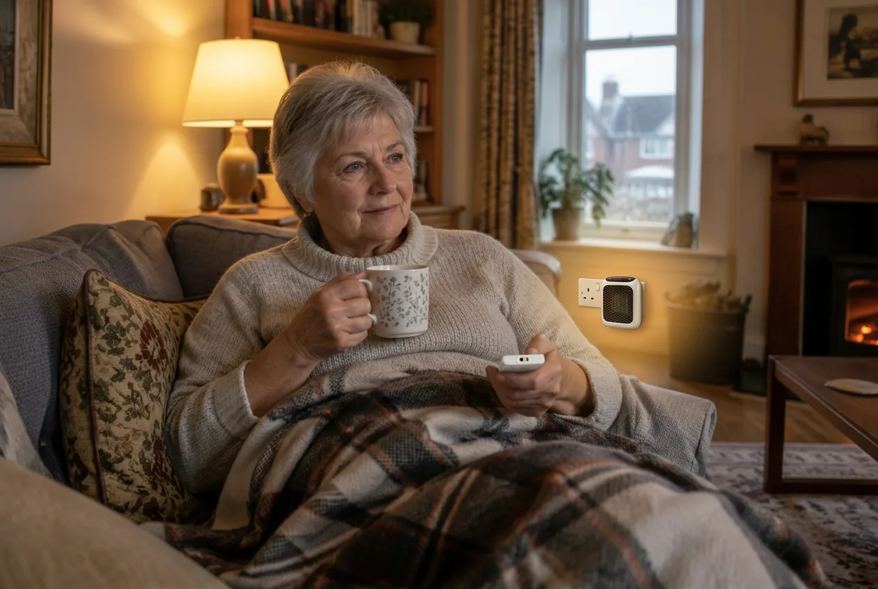Older woman relaxing on a sofa with tea and the RapidHeat remote, the heater plugged in by the window